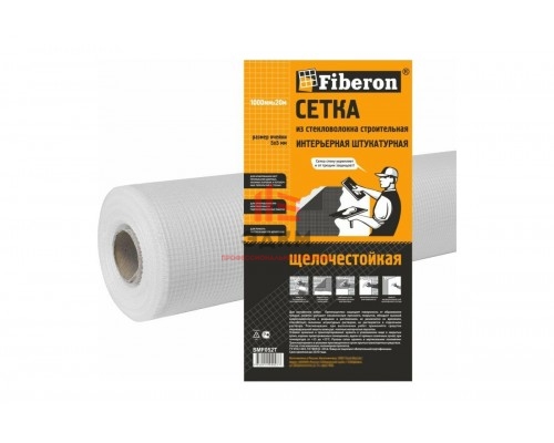 Сетка интерьерная штукатурная Fiberon стекловолокно, 1x20 м, ячейка 5x5, белая, 124945