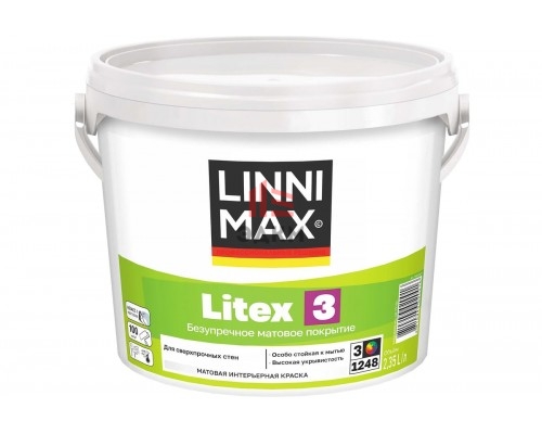 Краска водно-дисперсионная для внутренних работ LINNIMAX Litex 3 База 3, 2,35 л 948105697